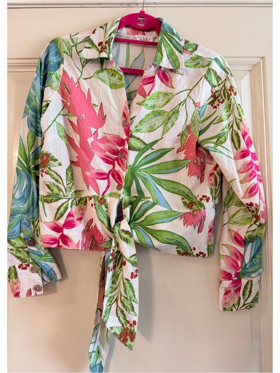 Nicole Miller Tops - Nicole Miller White Floral Tie-Front Button Down Shirt with Pink & Green